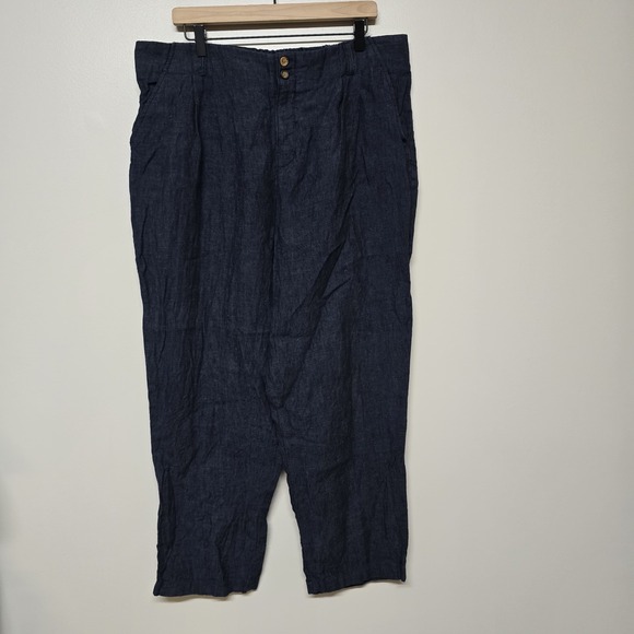 Garnet Hill Pants Linen Trousers Size 18 Straight Leg Indigo Blue Flax Lagenlook - Picture 1 of 9